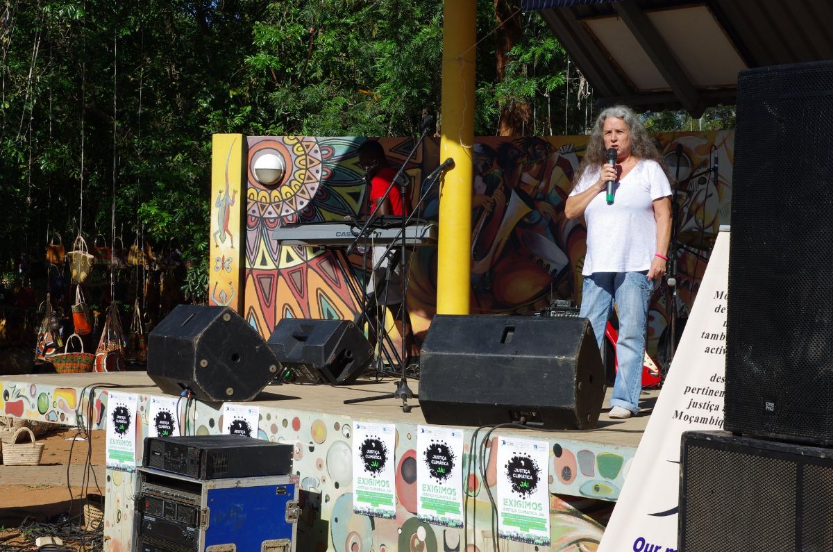 JA! director Anabela Lemos speaking at Climate Justice Now! event 2019